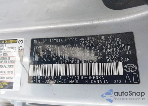 2008 Toyota Corolla Le z USA, uszkodzony, nr VIN 2T1BR30E28C931466